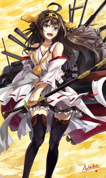Anime picture 1500x2499 with kantai collection kongou battleship neko (yanshoujie) single long hair tall image open mouth black hair bare shoulders ahoge traditional clothes black eyes miko nontraditional miko girl thighhighs hair ornament weapon black thighhighs sword