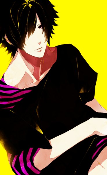 Anime picture 1018x1652 with original koori ichi single tall image looking at viewer fringe short hair black hair simple background pink eyes hair over one eye off shoulder piercing striped yellow background boy navel earrings jewelry t-shirt