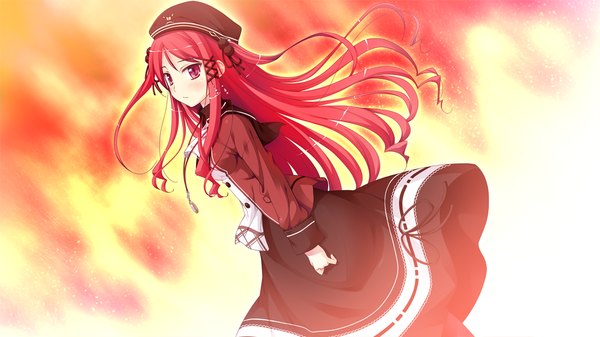 Anime picture 1280x720 with witch's garden hinomiya ayari ko~cha single long hair red eyes wide image game cg red hair two side up girl dress hair ornament hat pendant x hair ornament fire