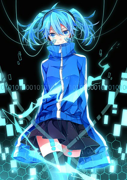 Anime picture 636x900 with kagerou project shaft (studio) ene (kagerou project) flywinga7 single tall image looking at viewer short hair blue eyes smile twintails blue hair ahoge long sleeves pleated skirt girl thighhighs skirt black thighhighs headphones