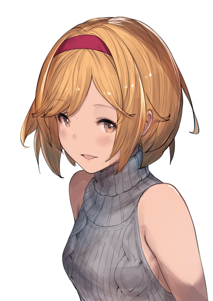 Anime picture 848x1200 with granblue fantasy gita (granblue fantasy) hanarito single tall image looking at viewer short hair open mouth blonde hair simple background white background bare shoulders brown eyes upper body from above portrait girl headband turtleneck virgin killer sweater