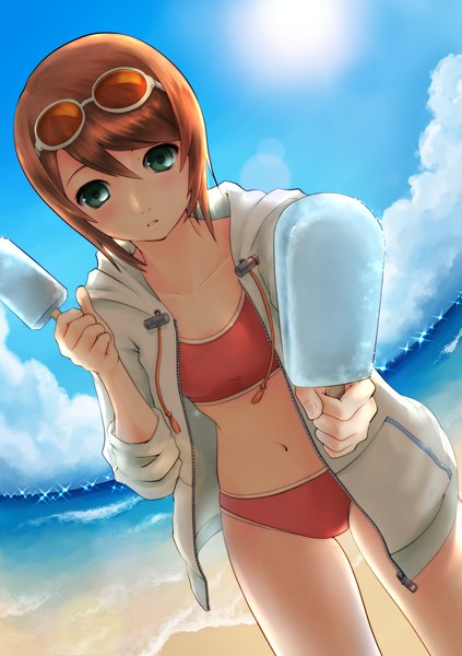 Anime picture 1000x1419 with tales of (series) tales of vesperia rita mordio kururi (pixiv2432322) single tall image short hair brown hair green eyes beach girl navel swimsuit food sweets sunglasses ice cream
