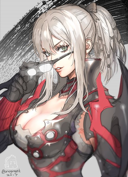 Anime picture 600x830 with final fantasy final fantasy xv square enix aranea highwind kanapy single long hair tall image looking at viewer breasts light erotic large breasts green eyes signed payot cleavage silver hair upper body parted lips twitter username