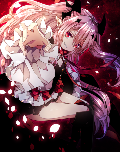 Anime picture 1083x1367 with owari no seraph wit studio kururu tepes moru single long hair tall image looking at viewer fringe hair between eyes red eyes sitting twintails pink hair bent knee (knees) parted lips head tilt pointy ears outstretched arm clenched teeth