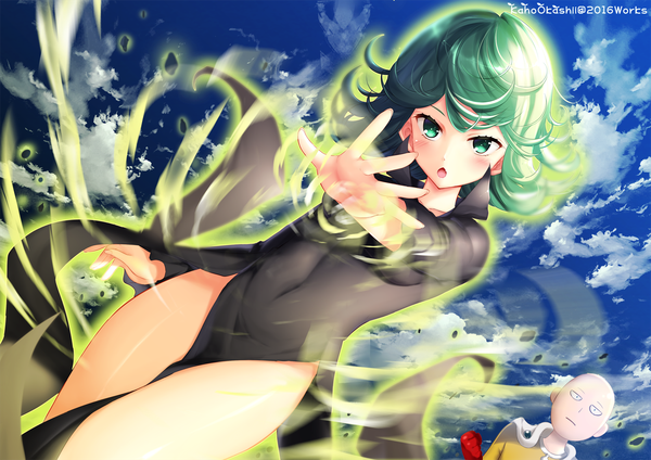 Anime picture 1500x1061 with one-punch man madhouse tatsumaki saitama (one-punch man) kaho okashii blush short hair open mouth light erotic green eyes sky cloud (clouds) green hair glowing bald girl dress boy