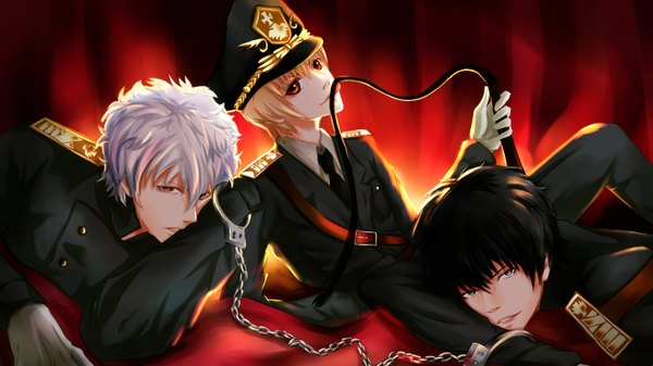 Anime picture 1366x768 with gintama sunrise (studio) sakata gintoki hijikata toshiro okita sougo hadaka a looking at viewer short hair black hair blonde hair red eyes brown hair wide image yellow eyes silver hair white hair multiple boys orange eyes boy uniform