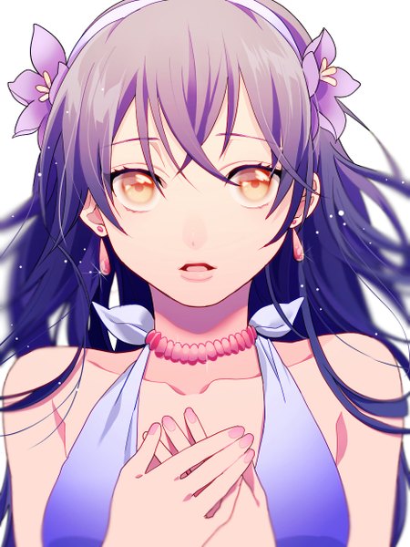Anime picture 930x1240 with love live! school idol project sunrise (studio) love live! sonoda umi mihatarou single long hair tall image looking at viewer open mouth simple background white background bare shoulders purple hair nail polish hair flower orange eyes pink nail polish girl hair ornament