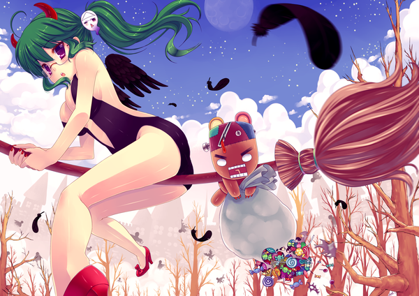 Anime picture 3507x2480 with original abondz single long hair highres red eyes absurdres horn (horns) green hair girl plant (plants) wings tree (trees) glasses food sweets feather (feathers) candy broom