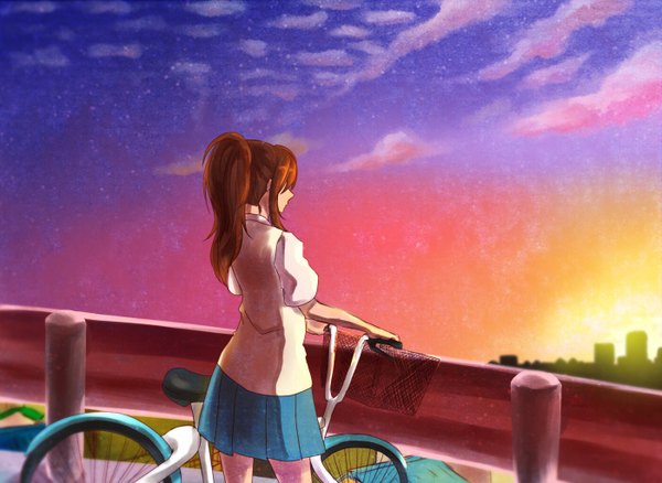 Anime picture 1400x1024 with original udabi single long hair brown hair sky cloud (clouds) ponytail pleated skirt back evening sunset girl skirt building (buildings) ground vehicle bicycle