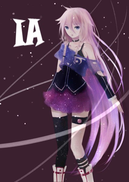 Anime picture 800x1129 with vocaloid ia (vocaloid) shimmer single tall image looking at viewer open mouth hair between eyes purple eyes bare shoulders payot pink hair very long hair inscription :o girl thighhighs skirt black thighhighs detached sleeves