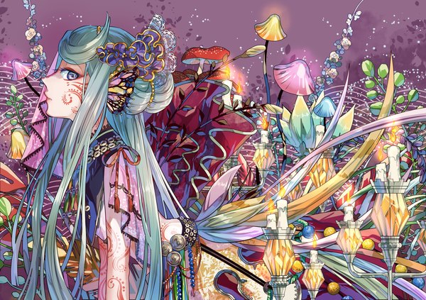 Anime picture 1254x886 with original 778-go single long hair looking at viewer standing purple eyes profile aqua hair tattoo alternate costume kneeling facial mark head wings insect wings butterfly wings girl plant (plants) wings beads
