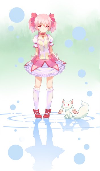 Anime picture 708x1204 with mahou shoujo madoka magica shaft (studio) kaname madoka kyuubee momori single tall image looking at viewer blush short hair twintails pink hair pink eyes tears short twintails reflection girl dress bow hair bow