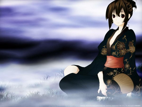Anime picture 1024x768 with sekirei musubi brown hair brown eyes japanese clothes girl fan