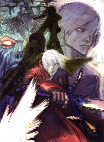 Anime picture 1965x2689 with devil may cry dante (devil may cry) nero (devil may cry) lady (devil may cry) tall image highres boy sword feather (feathers)