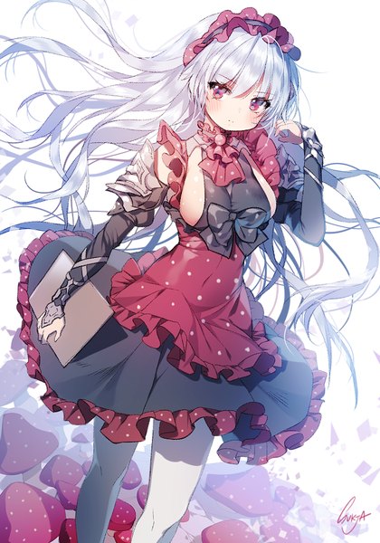 Anime picture 700x1000 with original sorolp single tall image blush fringe breasts light erotic red eyes large breasts standing white background holding signed silver hair ahoge bent knee (knees) very long hair polka dot dissolving