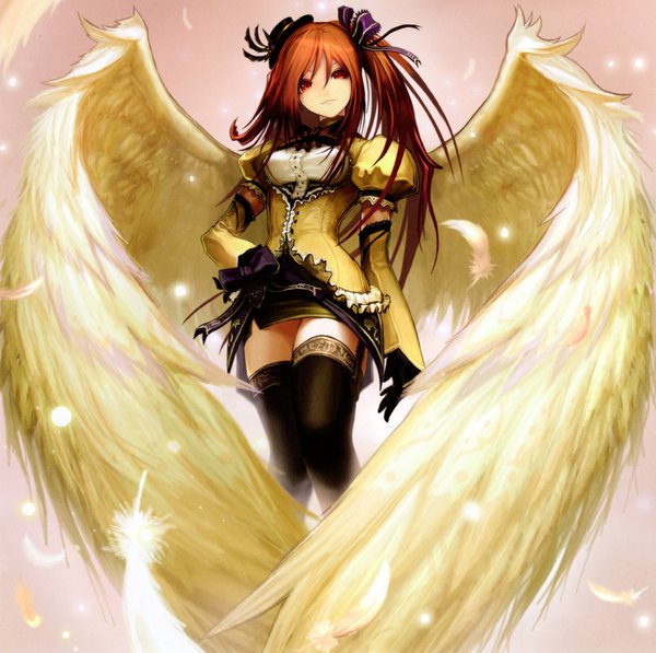 Anime picture 4103x4083 with aquarian age tachikawa mushimaro (bimo) single long hair looking at viewer highres red eyes brown hair absurdres scan angel girl thighhighs gloves bow black thighhighs hair bow hat detached sleeves wings