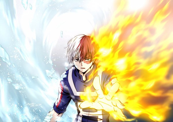 Anime picture 1224x865 with boku no hero academia studio bones todoroki shouto welllllll single looking at viewer fringe short hair hair between eyes upper body white hair red hair multicolored hair two-tone hair heterochromia outstretched arm scar boy uniform fire