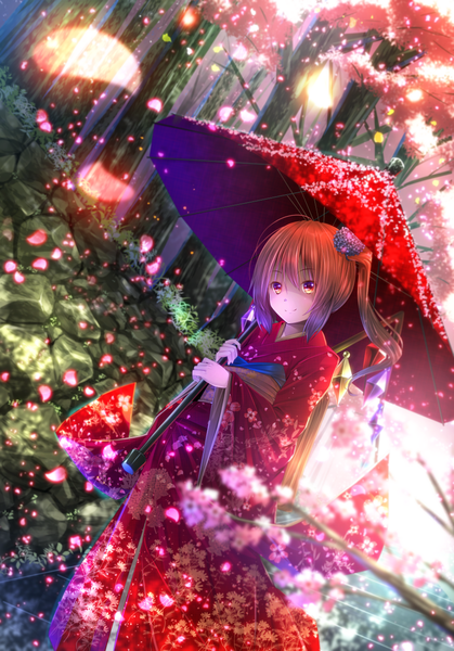 Anime picture 900x1288 with touhou flandre scarlet ryosios single tall image short hair blonde hair smile red eyes ponytail traditional clothes japanese clothes cherry blossoms side ponytail girl plant (plants) petals wings tree (trees) kimono