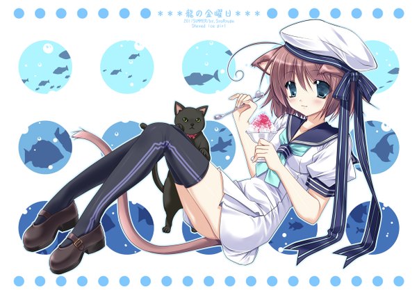 Anime picture 1240x877 with original ryuuga shou single short hair blue eyes brown hair animal ears animal tail cat ears cat tail girl thighhighs black thighhighs animal cat sailor suit shaved ice