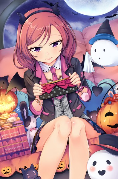 Anime picture 1000x1517 with love live! school idol project sunrise (studio) love live! nishikino maki kalian single tall image looking at viewer blush short hair red eyes sitting purple eyes holding cloud (clouds) red hair tail pleated skirt horn (horns) night