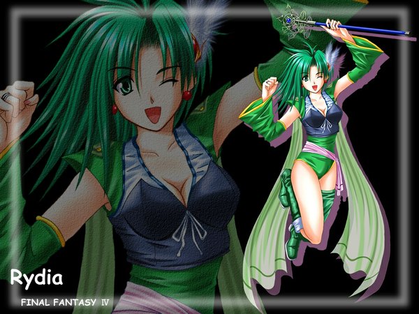 Anime picture 1024x768 with final fantasy final fantasy iv square enix rydia single breasts open mouth light erotic smile green eyes cleavage one eye closed green hair wink wallpaper jumping zoom layer thighhighs detached sleeves earrings