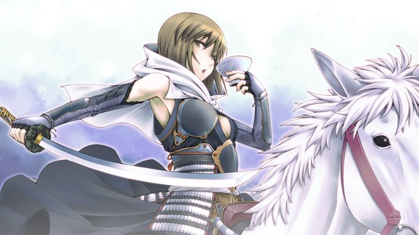 Anime picture 1600x900 with idolmaster hagiwara yukiho doku hebi single blush short hair open mouth brown hair wide image brown eyes traditional clothes girl weapon animal sword katana horse