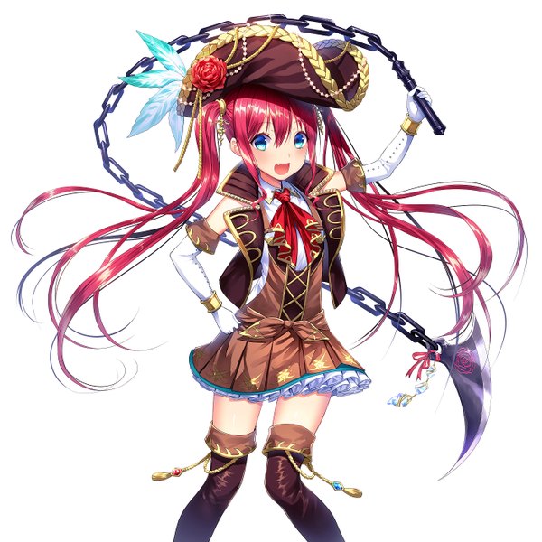 Anime picture 1400x1400 with original fuji minako single long hair looking at viewer blush open mouth blue eyes white background twintails red hair girl dress gloves flower (flowers) weapon hat elbow gloves white gloves chain