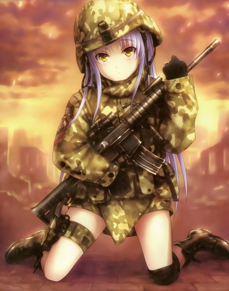 Anime picture 2063x2627 with angel beats! key (studio) tachibana kanade goto p single long hair tall image looking at viewer highres yellow eyes white hair scan official art military girl uniform weapon boots gun military uniform