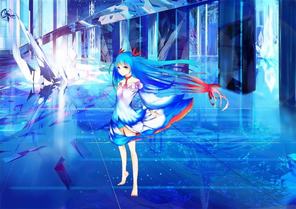 Anime picture 1208x854 with vocaloid hatsune miku amenosoto single long hair blue eyes blue hair barefoot girl dress