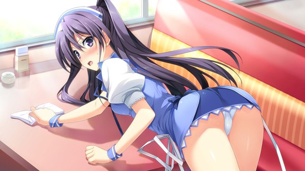 Anime picture 1920x1080 with berry's morikubo yuna suzuhira hiro single long hair blush fringe highres open mouth light erotic black hair hair between eyes wide image purple eyes twintails game cg ass maid pantyshot embarrassed