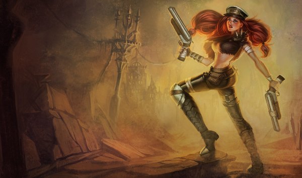 Anime picture 1215x717 with league of legends miss fortune (league of legends) single long hair blue eyes brown hair wide image pirate girl weapon gun mask pistol wristlet pirate hat
