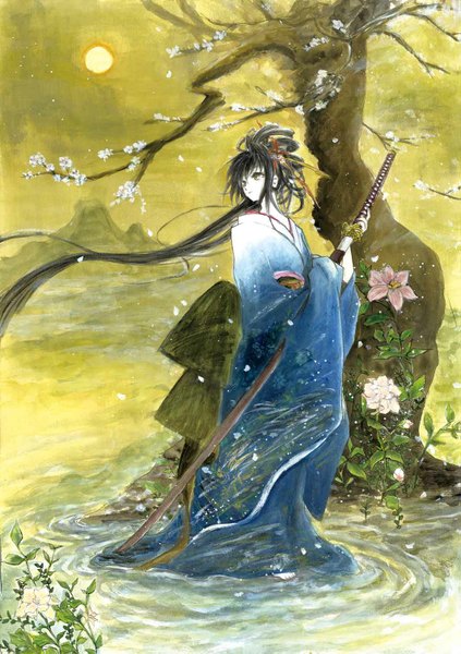 Anime picture 1063x1509 with original kimonohime single tall image black hair standing very long hair japanese clothes sheathed traditional media acrylic paint (medium) girl flower (flowers) weapon plant (plants) petals sword tree (trees) water kimono