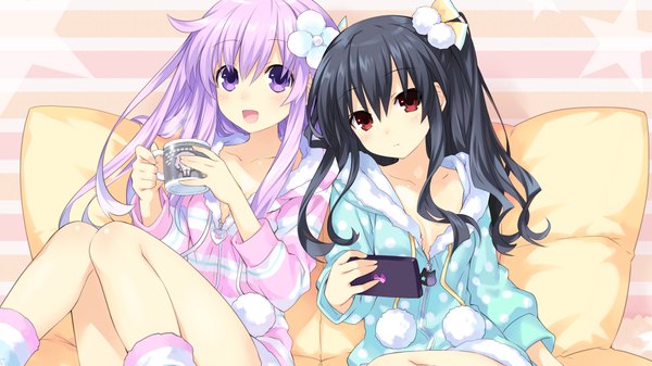 Anime picture 3840x2160 with choujigen game neptune nepgear uni (choujigen game neptune) tsunako long hair looking at viewer fringe highres open mouth black hair smile hair between eyes red eyes wide image sitting purple eyes multiple girls holding payot absurdres