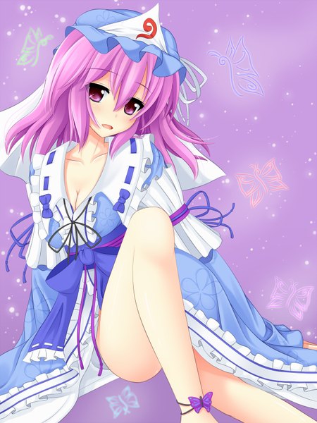 Anime picture 1200x1600 with touhou saigyouji yuyuko yoye (pastel white) tall image open mouth light erotic purple eyes purple hair pantyshot girl ribbon (ribbons) hat