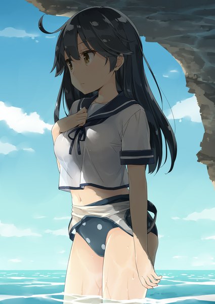 Anime picture 680x960 with kantai collection ushio destroyer kani biimu single long hair tall image fringe light erotic black hair brown eyes looking away sky cloud (clouds) ahoge sunlight bare legs wet hand on chest polka dot girl