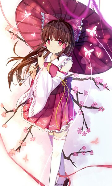 Anime picture 638x1053 with touhou hakurei reimu soulkiller (brz) single long hair tall image looking at viewer blush red eyes brown hair traditional clothes miko girl thighhighs skirt flower (flowers) bow hair bow detached sleeves white thighhighs