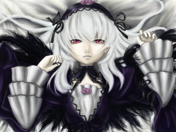 Anime picture 1600x1200 with rozen maiden suigintou long hair highres silver hair pink eyes dress wings frills hairband neoste