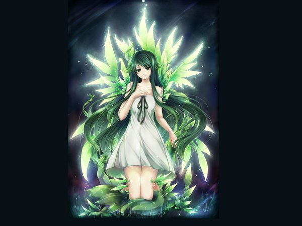 Anime picture 2000x1500 with saya no uta nitroplus saya (saya no uta) single long hair highres green eyes green hair girl plant (plants) leaf (leaves) sundress