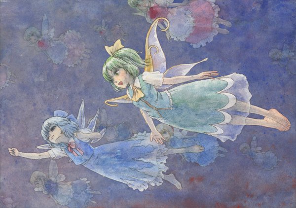 Anime picture 1310x923 with touhou cirno daiyousei misawa hiroshi short hair open mouth blue eyes blonde hair multiple girls green eyes blue hair barefoot green hair one side up 6+ girls flying fantasy traditional media fairy watercolor (medium)