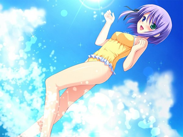 Anime picture 1024x768 with sacred vampire (game) blush short hair light erotic game cg sky purple hair sunlight from below heterochromia girl ribbon (ribbons) swimsuit hair ribbon