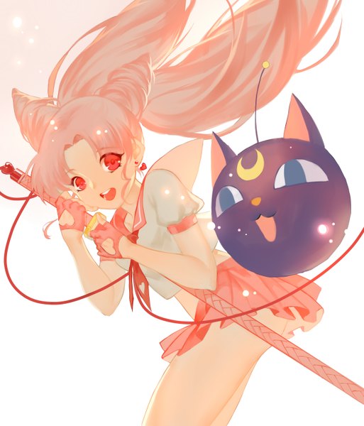 Anime picture 2480x2900 with bishoujo senshi sailor moon toei animation chibiusa sailor chibi moon luna p joseph lee single long hair tall image looking at viewer fringe highres open mouth red eyes twintails holding pink hair pleated skirt happy glow