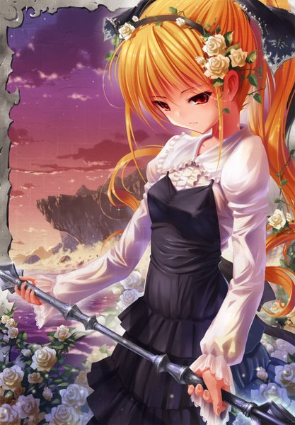 Anime picture 1000x1438 with original kankurou long hair tall image red eyes hair flower orange hair girl dress hair ornament flower (flowers) hairband