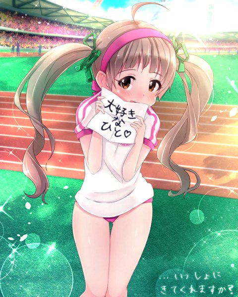 Anime picture 765x956 with idolmaster idolmaster million live! hakozaki serika ima (lm ew) single long hair tall image blush light erotic brown hair twintails brown eyes ahoge sunlight embarrassed girl uniform ribbon (ribbons) hair ribbon hairband