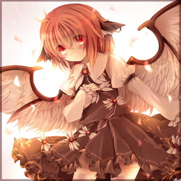 Anime picture 1500x1500 with touhou mystia lorelei maho moco single short hair simple background red eyes white background animal ears pink hair ahoge no hat girl dress wings feather (feathers)