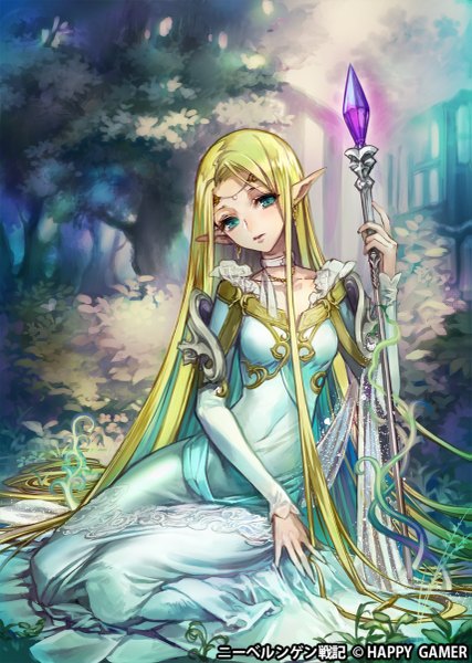 Anime picture 855x1200 with original umiu geso single long hair tall image looking at viewer breasts blonde hair sitting holding green eyes long sleeves pointy ears text elf ruins sad glowing weapon girl dress