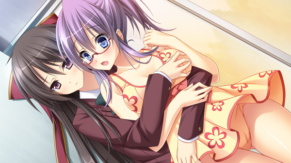 Anime picture 1280x720 with angenehm platz yae hibiki kurusu rio (angenehm platz) long hair blush open mouth blue eyes light erotic black hair wide image brown eyes game cg purple hair couple hug ass visible through thighs otoko no ko girl boy bow