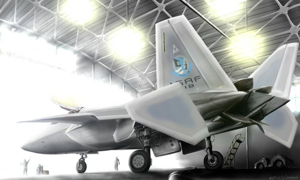 Anime picture 1000x600 with original zephyr164 wide image signed weapon people airplane jet hangar