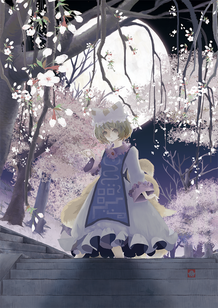 Anime picture 900x1273 with touhou yakumo ran mi-so single tall image looking at viewer short hair blonde hair yellow eyes tail animal tail night from below cherry blossoms fox tail multiple tails girl dress plant (plants) tree (trees)