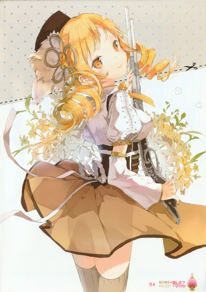 Anime picture 2792x3953 with mahou shoujo madoka magica shaft (studio) tomoe mami anmi tall image highres blonde hair smile drill hair girl thighhighs flower (flowers) weapon hat detached sleeves gun rifle musket