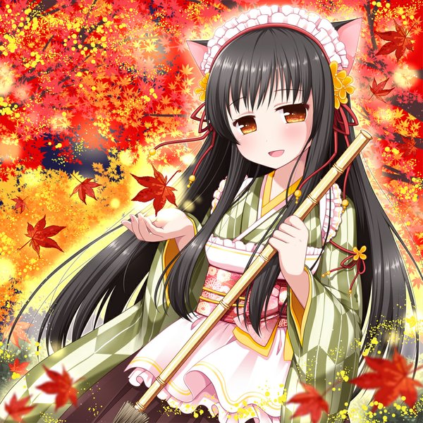 Anime picture 1000x1000 with original ringo yuyu single long hair looking at viewer blush black hair smile brown eyes animal ears traditional clothes japanese clothes cat ears girl leaf (leaves) broom